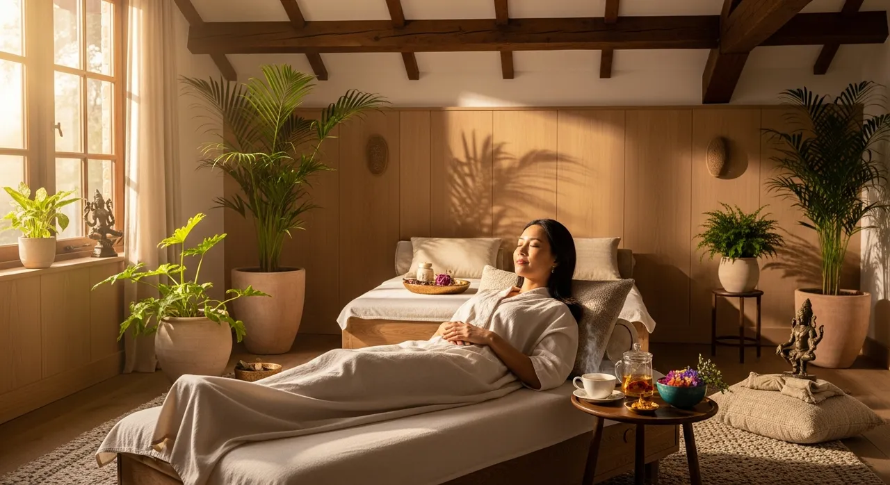 Serene Asian woman in a peaceful Ayurvedic sanctuary