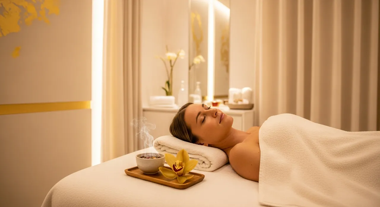 Serene Ayurvedic treatment sanctuary with soft lighting and natural elements